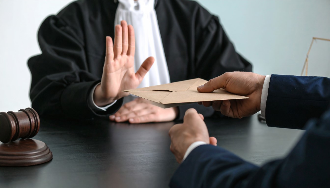 Judge in a courtroom shaking their head and refusing to approve a financial consent order, highlighting the rejection of DIY divorce agreements