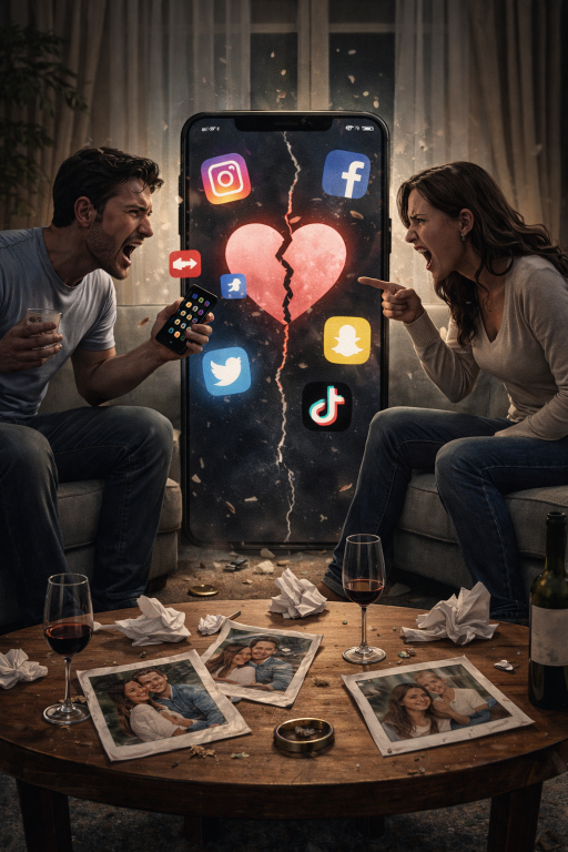 couple arguing with an image of a phone and social media platform icons.